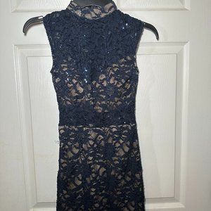 Mockneck Short Sleeve Navy Blue Lace Formal Midi Dress